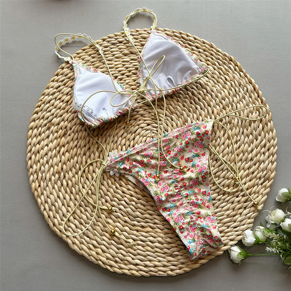 Amarelo floral impressão corda tanga micro biquíni sexy maiô feminino 2025 flor applique banho triângulo conjuntos biquinis