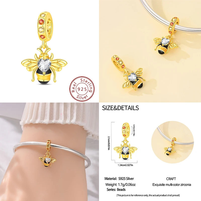New 925 sterling silver colored zirconium gold bee pendant beads, suitable as an original women's bracelet to wear as a gift or