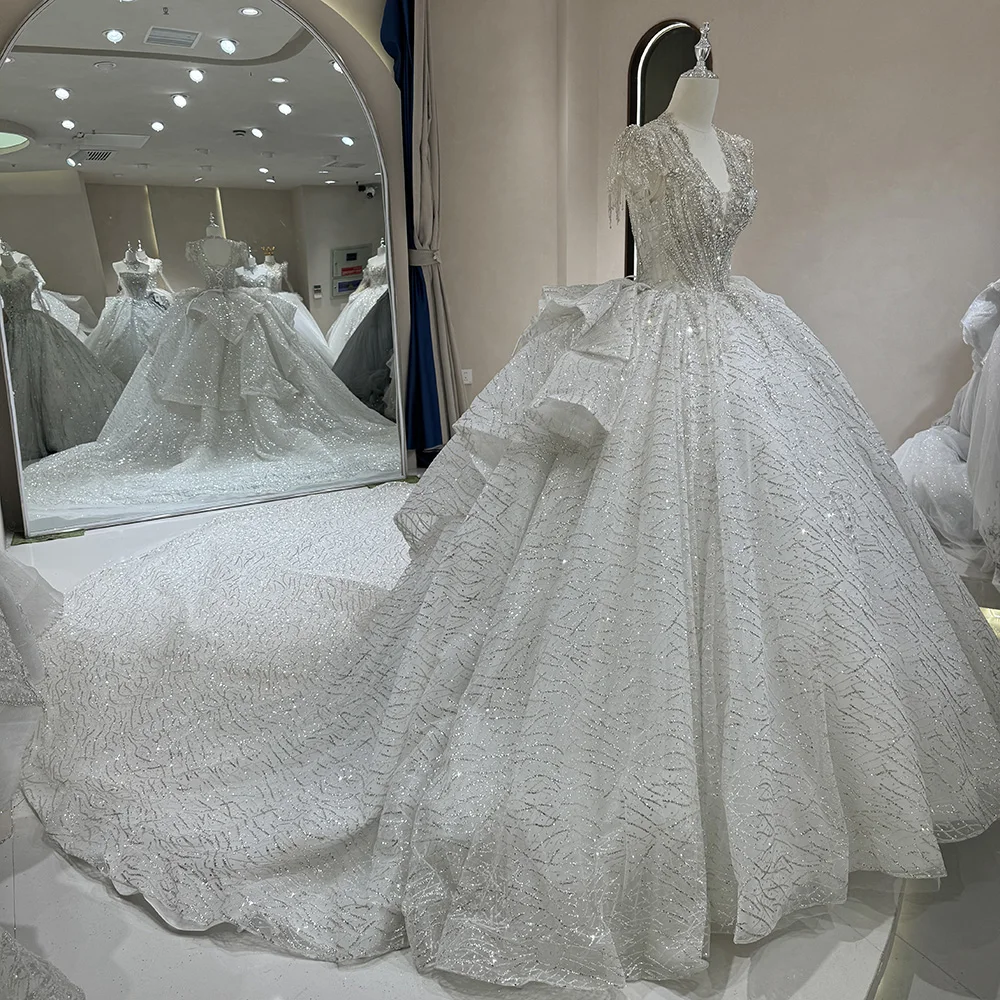Exquisito vestido de novia de manga corta con perlas, vestidos de novia con lentejuelas, tren real sin espalda personalizado para novia, فستان temperaturkol