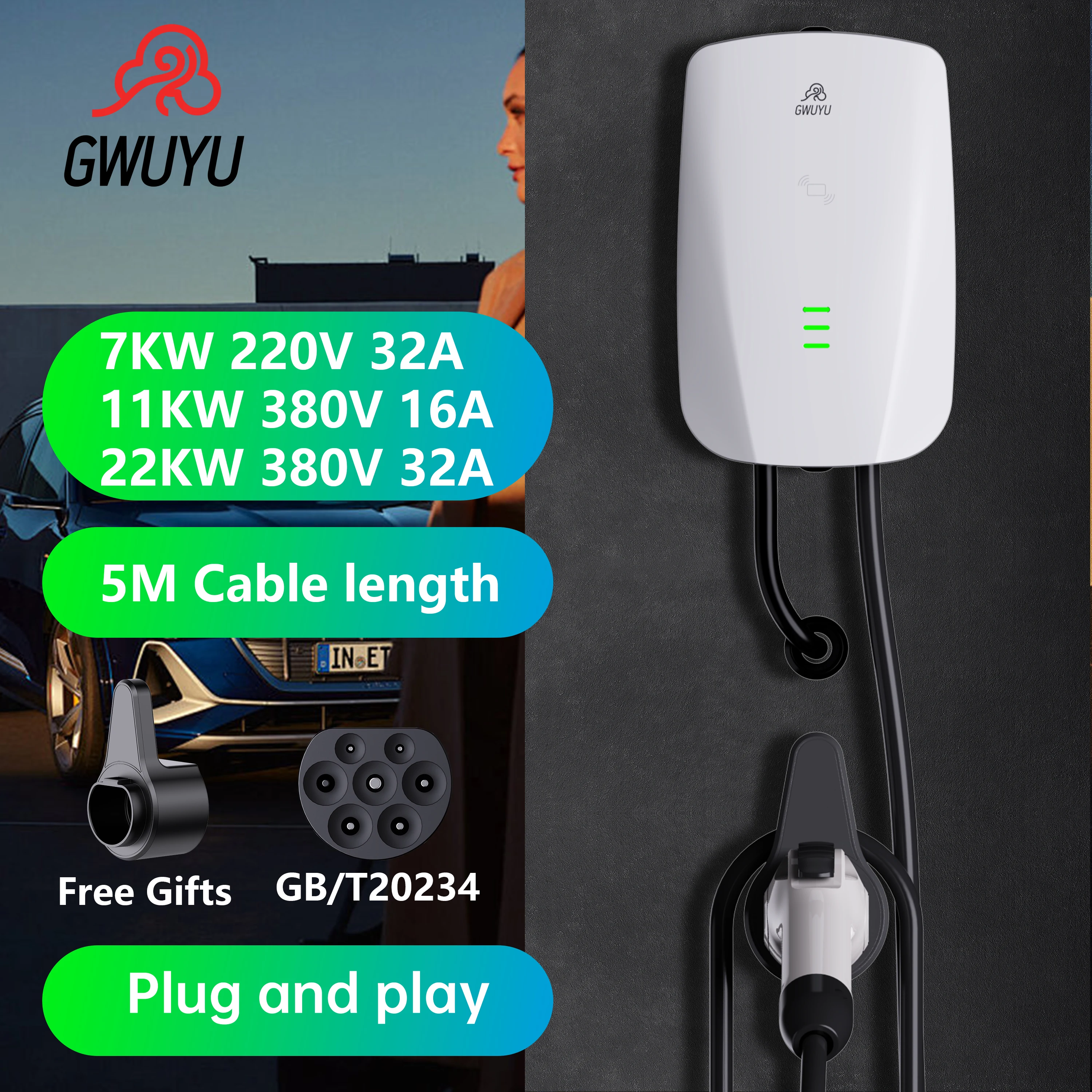 GWUYU GBT Standard EV Charger 7KW 11KW 22KW 1/3Phase for Household Car Charging Station EVSE Pile Wall Mount 5m Charging Cable