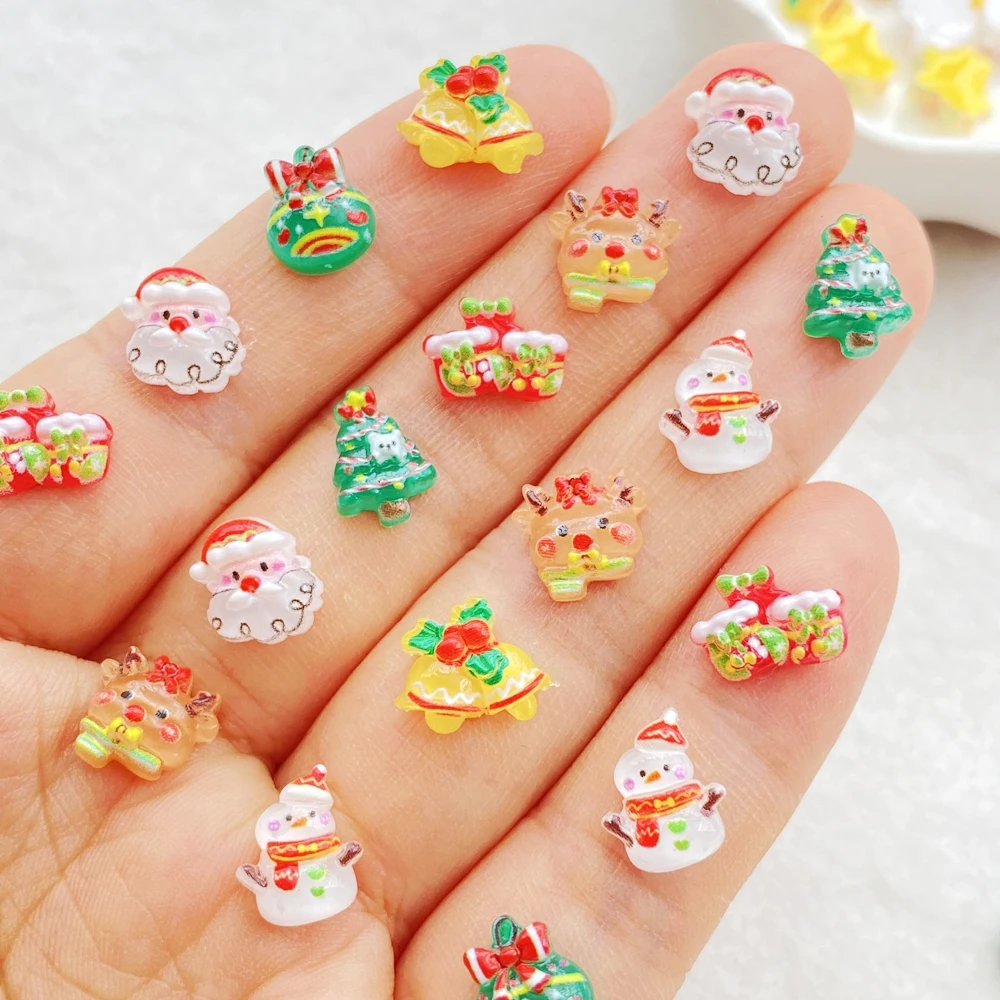 

50 шт., красочный рождественский декор для дизайна ногтей из смолы, Санта-Клаус, снеговик, фруктовые листья, волшебная палочка, стразы с плоской задней частью, сделай сам, декор для скрапбукинга