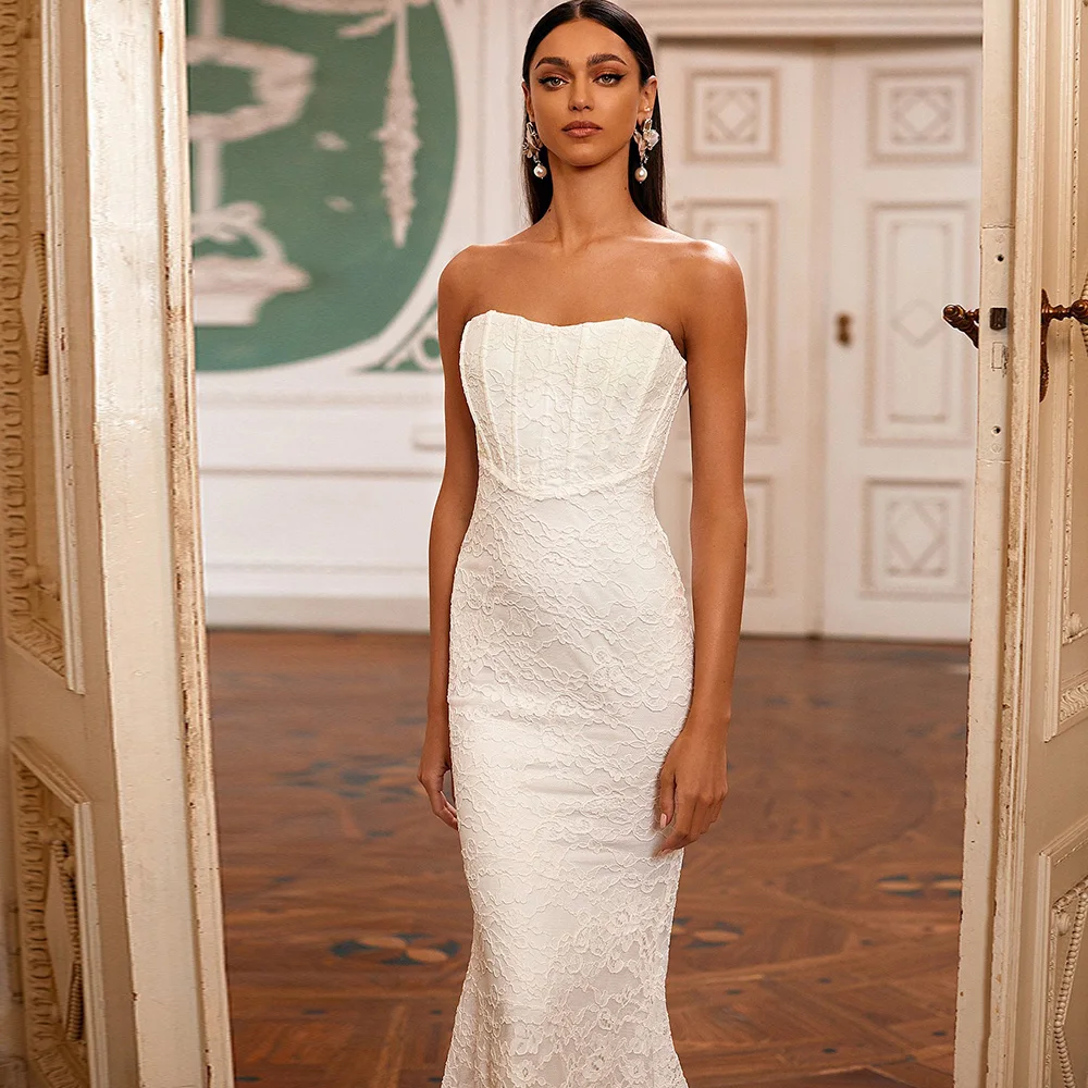 Kanten Trouwjurk Strapless Liefje Lange Eenvoudige Jurken 2022 Elegante Mouwloze Zeemeermin Bruid Robe De Mariee