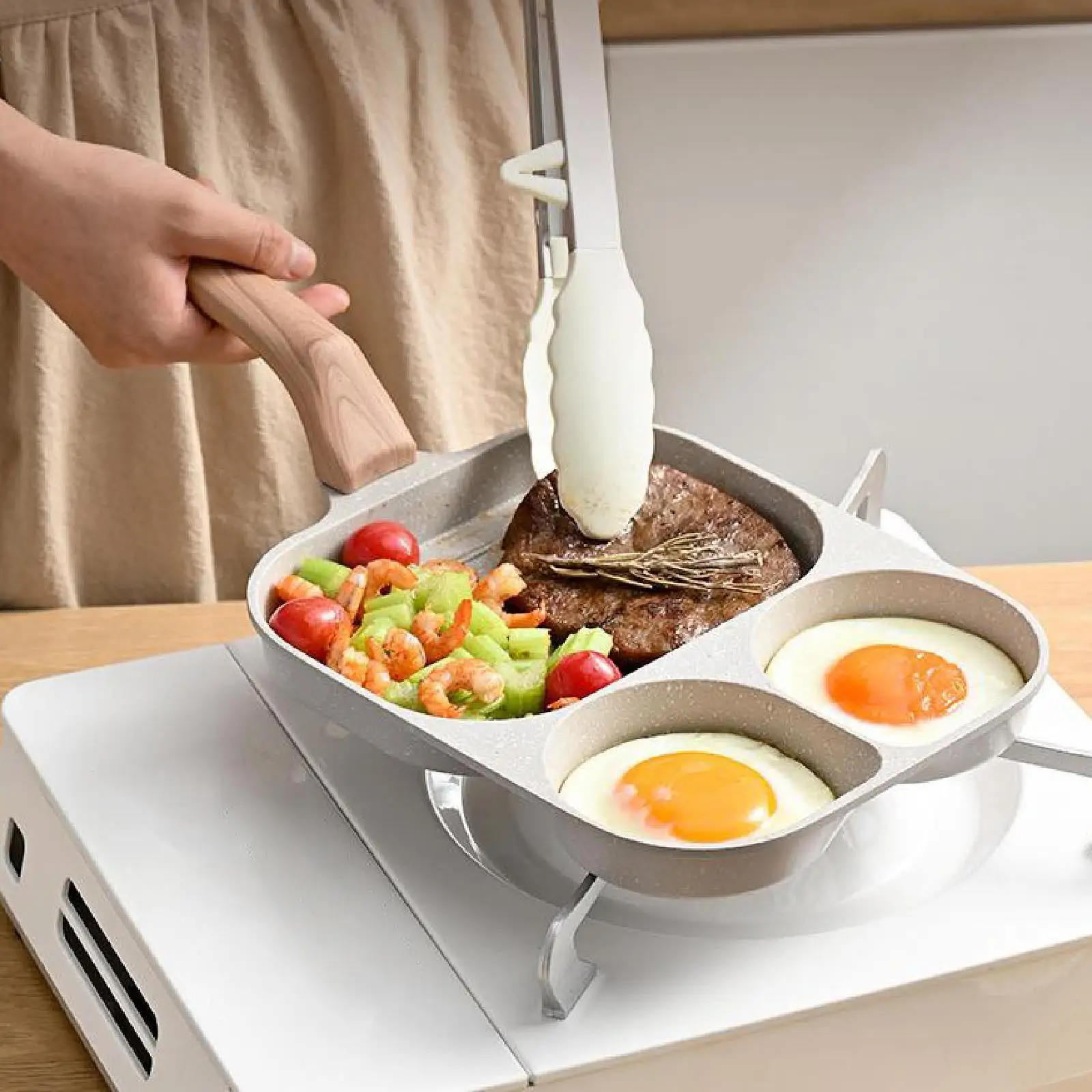 Fried Egg Pan Nonstick Egg Frying Pan Multipurpose 3 Section Divided Long Handle Non Stick Omelette for Hamburger Ham Plett