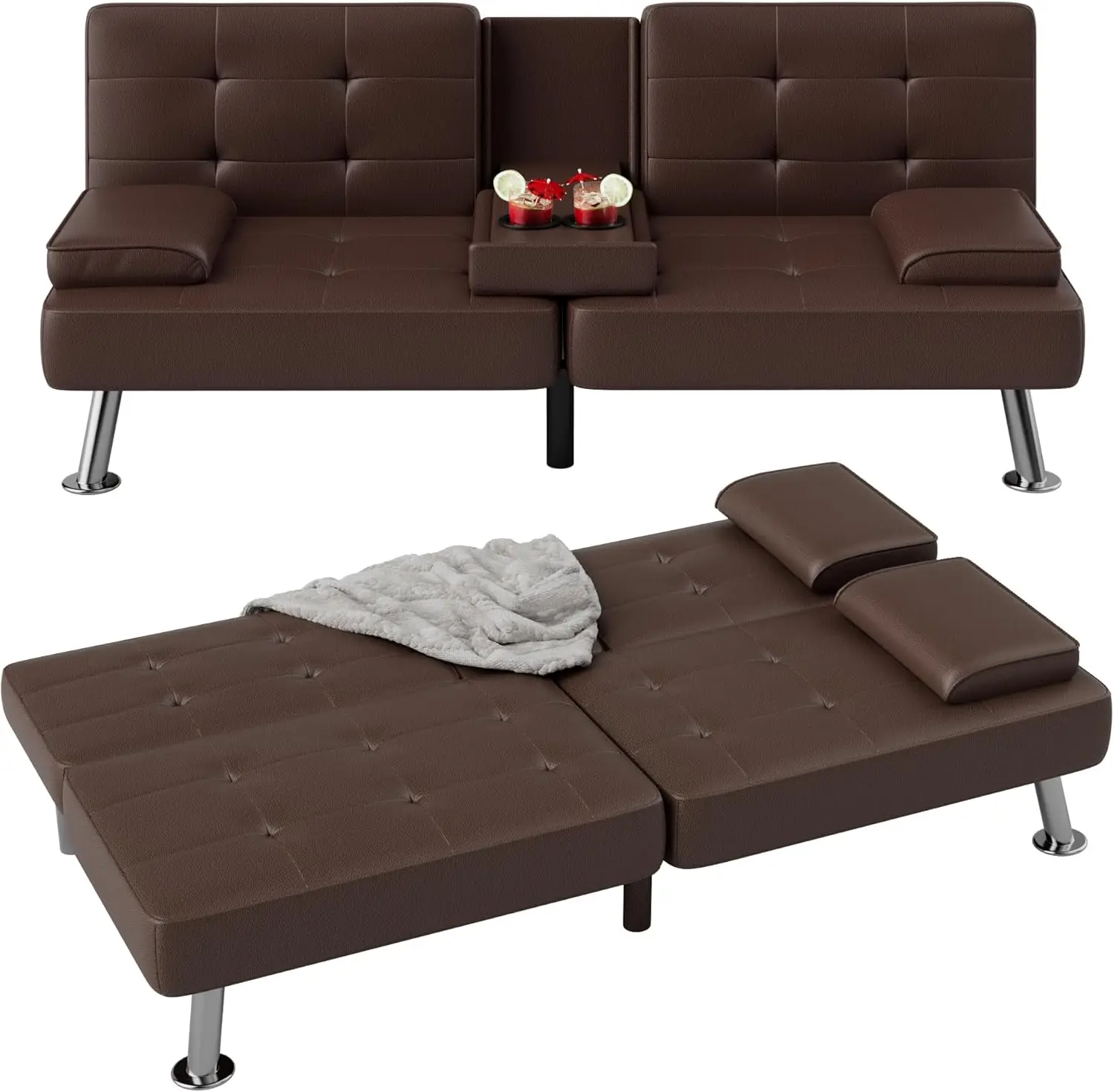 Sofa Bed Modern Futon Set Convertible Recliner Lounge for Living Room with 2 Cup Holders, Removable Armrests (PU Leather, Brown)