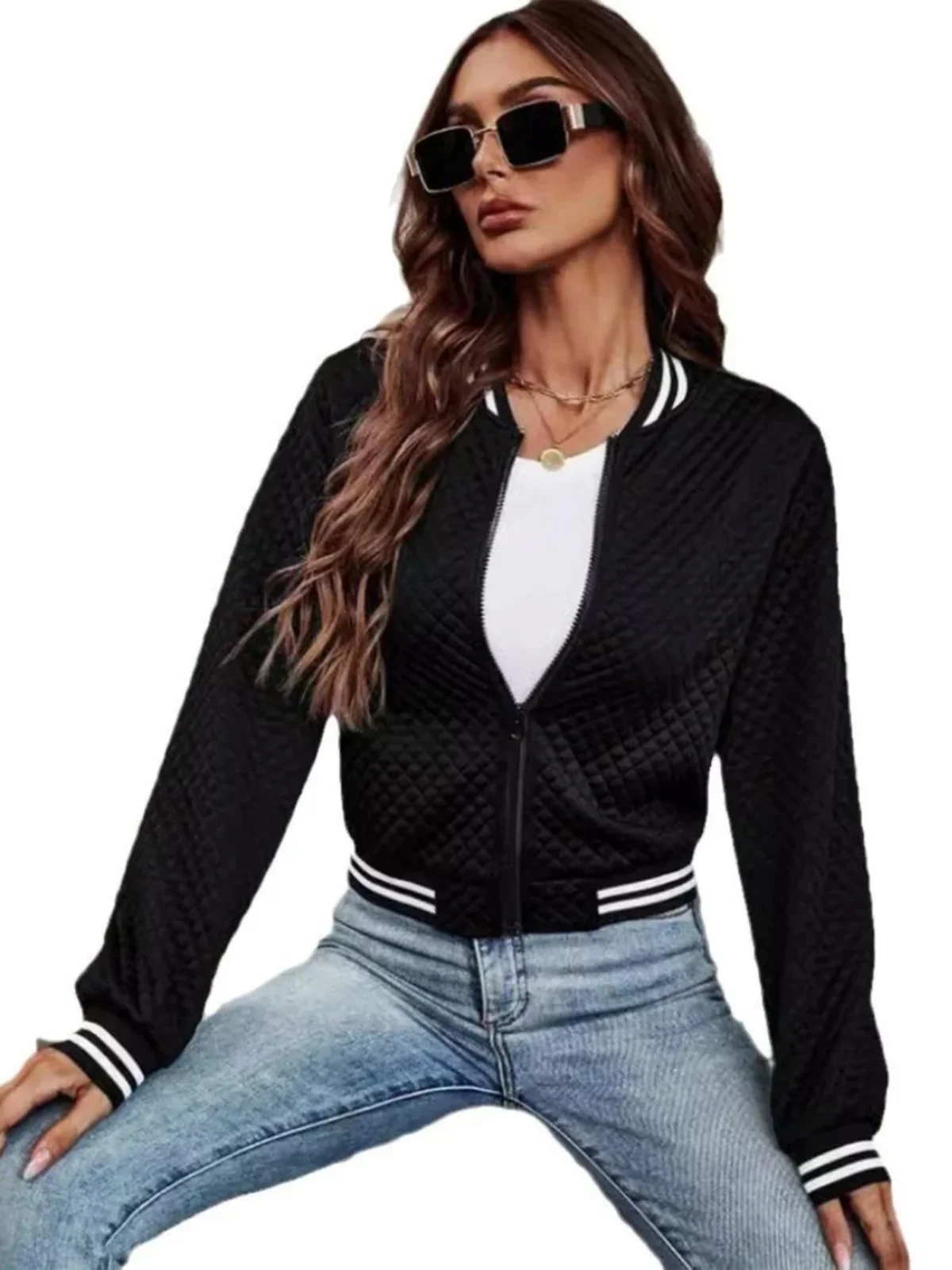 Rayé Long Sve Cheered ort Jaet Vêtements d'extérieur coupe ample pour femmes Col montant Fermeture à glissière Saison d'automne Régulier Épais...
