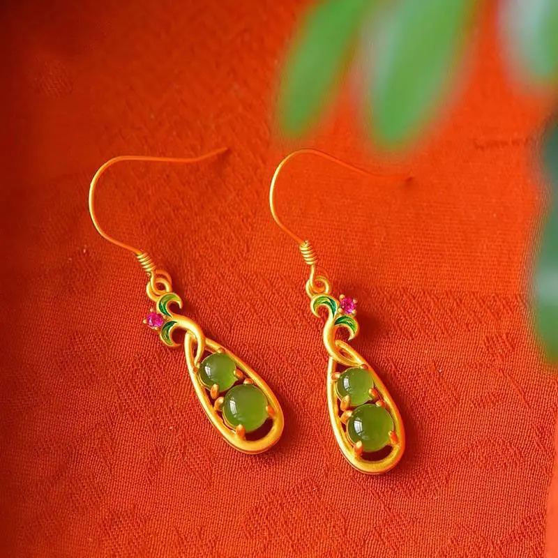 

Chinese Style Copper Gilded Enamel Colorful Small Flower Jade Classical Women's Earrings Retro Jewelry Personalized Gift