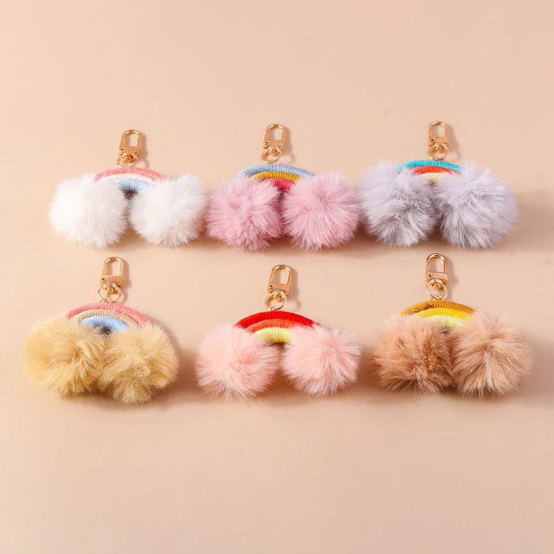 

Cute Hand knitted Rainbow Keychain Soft Fluffy Ball Key Ring Pendants for Women Girls Handbag Decor DIY Handmade Jewelry Gift