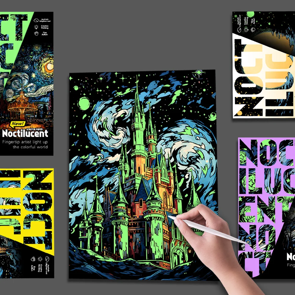 New A3 DIY Scratch Painting Noctilucent Castle Starry Cat Fantasyland Dolphin Landscape Night Scenery Scratch Artistic Works
