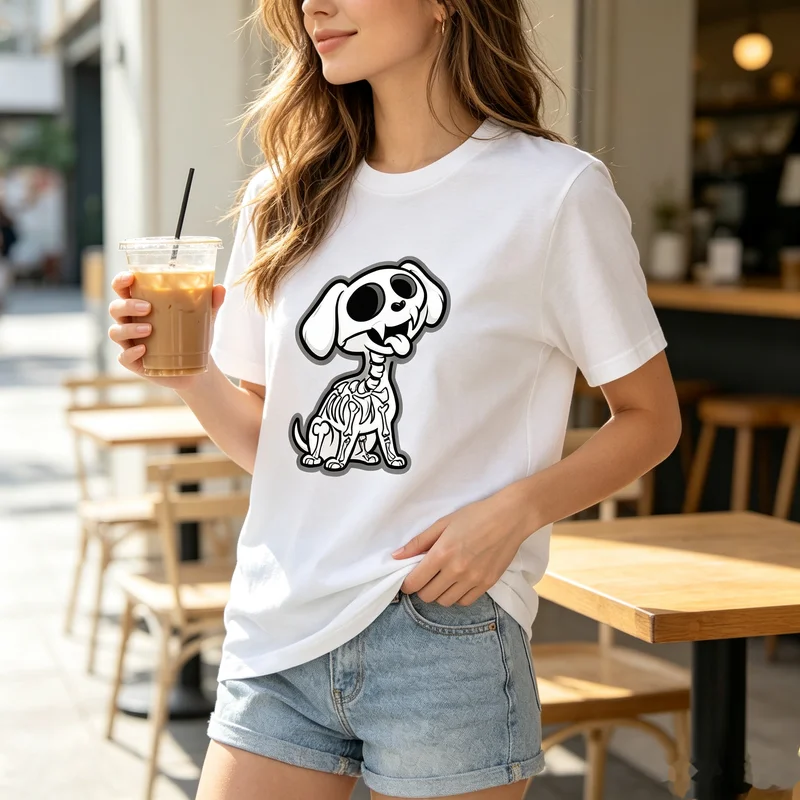 Puppy Skull Gothic Cartoon Graphic T-Shirt Dark Cute Dog Skeleton Cotton Short Sleeve Tee Casual Streetwear for Men Women