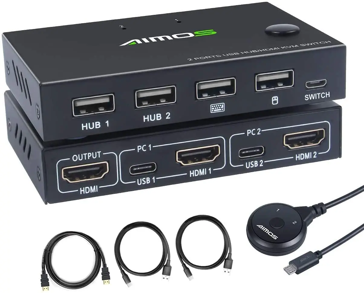 AIMOS HDMI KVM Switch for 2 Computers 1 Monitor, 2 Port KVM Switcher 4K@30HZ, for 2 PC Share HD Monitor Keyboard Mouse Printer