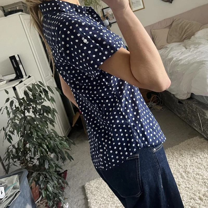 Polka Dot Shirt Blouse Navy Blue Button Up Slim Fit Crop Tops Japanese Style Cyber Grunge T-shirt Y2K Aesthetic 90s Vintage Tees