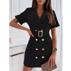 Summer Double Breasted Blazer Women's Elegant Frenum Lapel Office Dress Fashion Short Sleeve Solid Color A-Line Cardigan Dress
