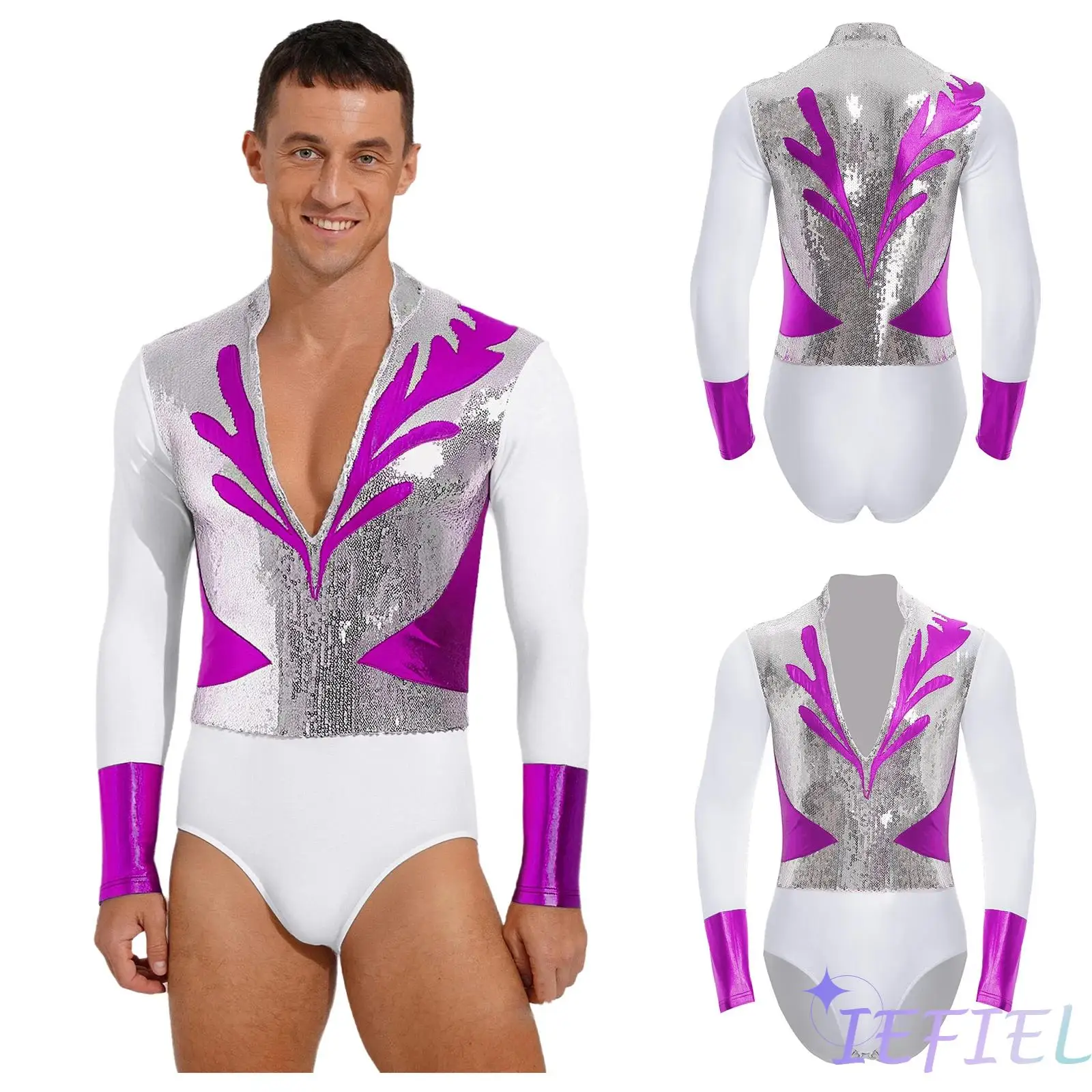

Sleek Latin Dance Performance Top for Men Glittery Long Sleeve Leotard for Ballet Latin And Ballroom Stage Dance Competitions