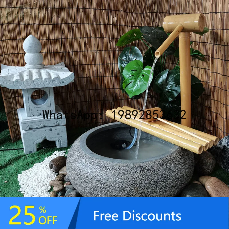 CZ    Deer Bamboo Green Stone Basin Garden Courtyard Villa Water Feature Decorative Stone Sculpture Ornament Water Bowl