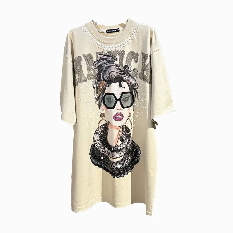 Estate 2024 nuovo vestito di strass pizzo dea diamante trapani o-collo maniche corte Design alla moda t-shirt oversize abiti