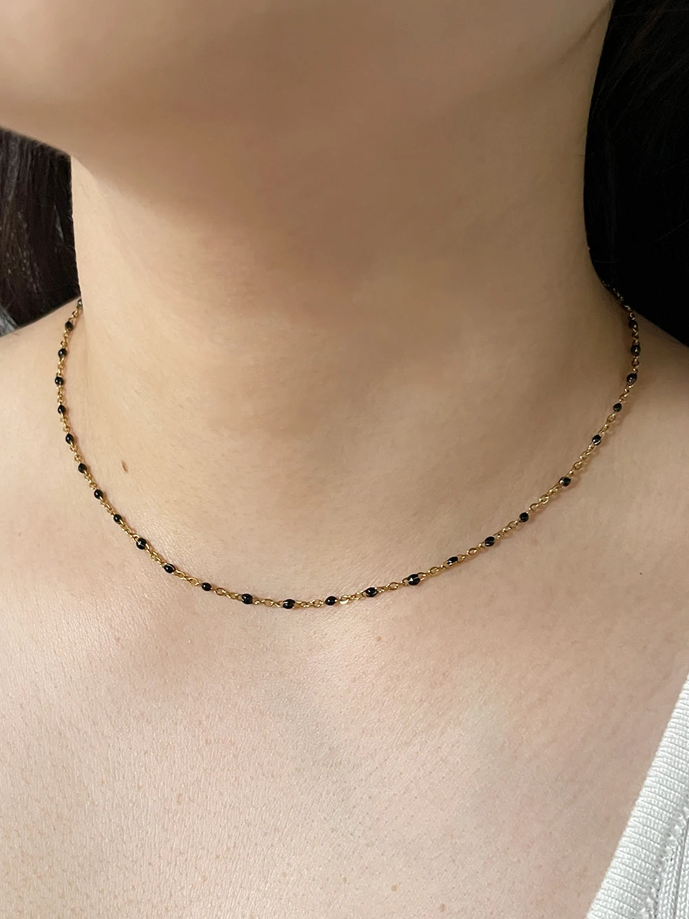 Peri\'sBox Stainless Steel Black Enamel Dot Thin Chain Choker Necklace Minimal Dainty Tiny Beaded Satellite Chains Jewelry Women