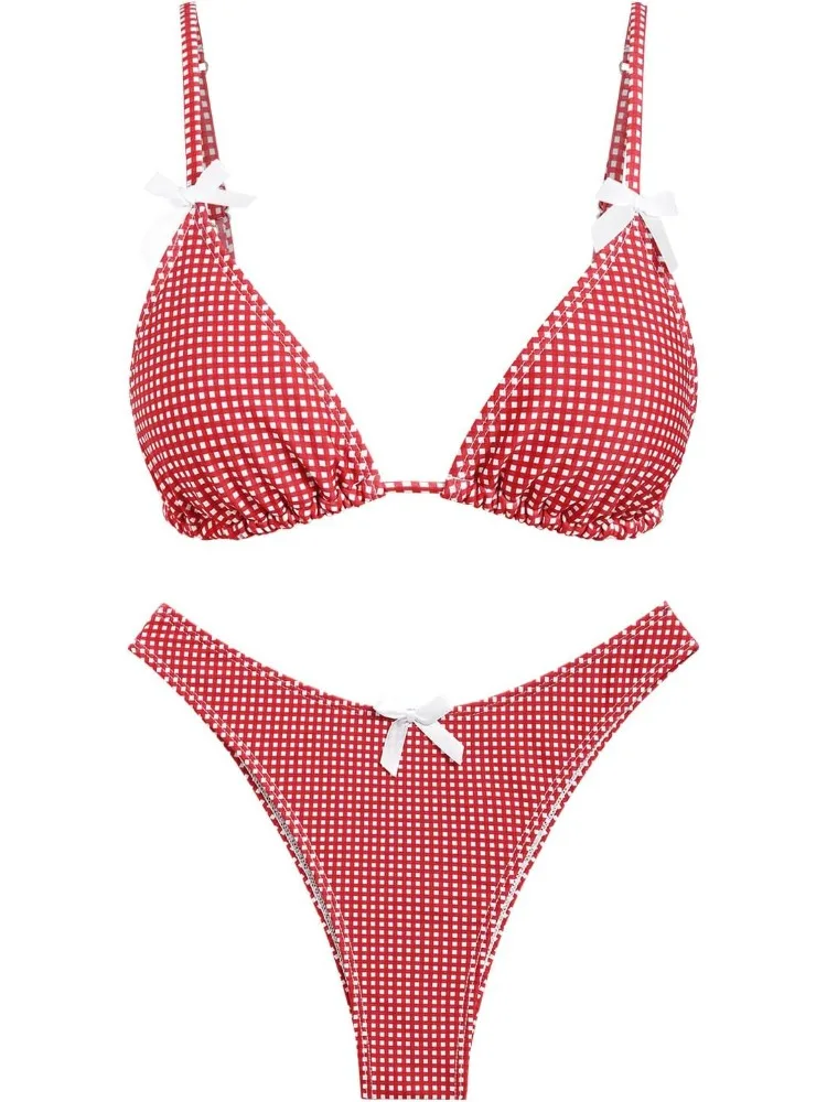 

Women's Bikini Sets Tie Back Bowknot Two Piece Swimsuits Triangle Thong Bathing Suit Gingham Floral Cherry Printing Swimwears