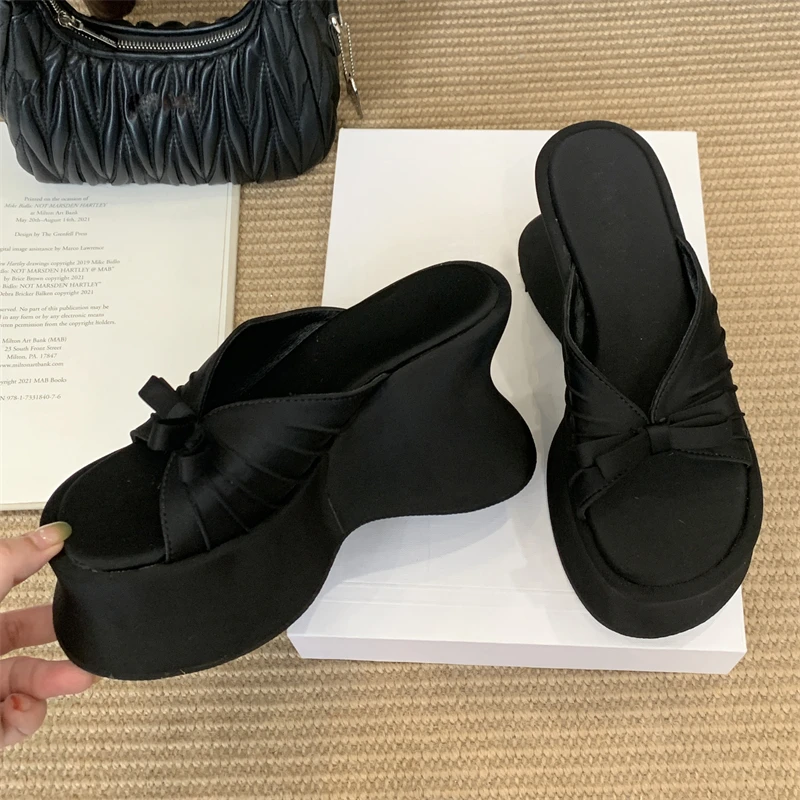 

Eilyken/Дизайнерские женские шлепанцы на платформе с леопардовым принтом и узлом-бабочкой, летние вечерние шлепанцы на высоком каблуке с открытым носком