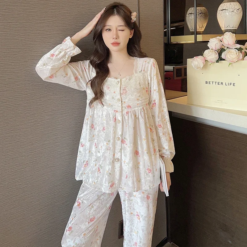 Floral Pajama Sets Women Pleuche Sleepwear Sweet Home Casual Aesthetic Spring Autumn Lounge College Girls Dormitory Fairycore