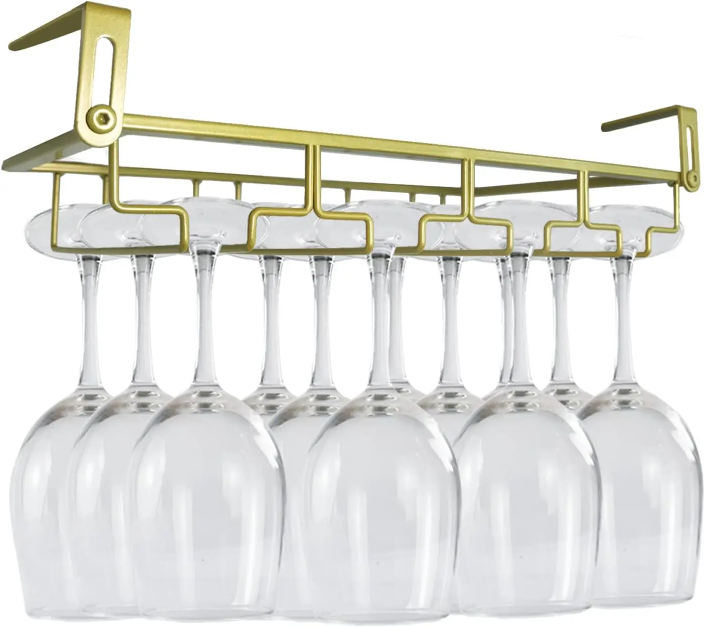 

Adjustable Under Cabinet Wine Glass Holder - Metal Hanger Rack for 6-8 Glasses, Rustproof, Gold, 4 Rows, Space Saving