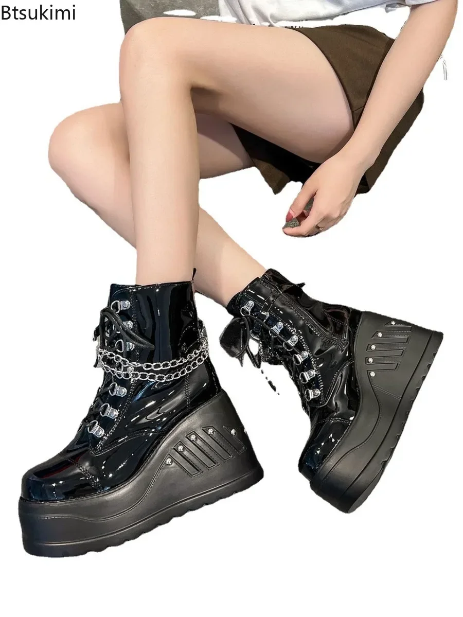 2024 Women\'s Fashion Boots Plus Size Black Zipper Lace Up Chain Wedge Platform Women Motorcycle Boots Girls Gothic Punk Shoes