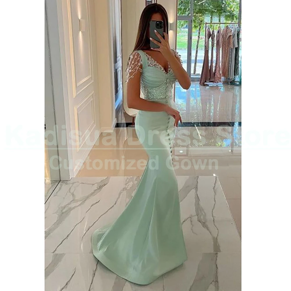 Elegant Mint Green Evening Dresses Customized Sweetheart Crystal Sleeveless Sweep Train Gowns Fashion Prom Party Long Dress