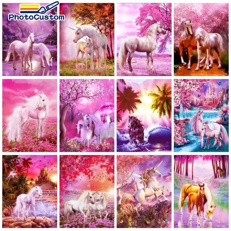 

PhotoCustom Animal Painting By Numbers Pink Unicorn Painting By Number Drawing On Canvas Painting Wall Decor