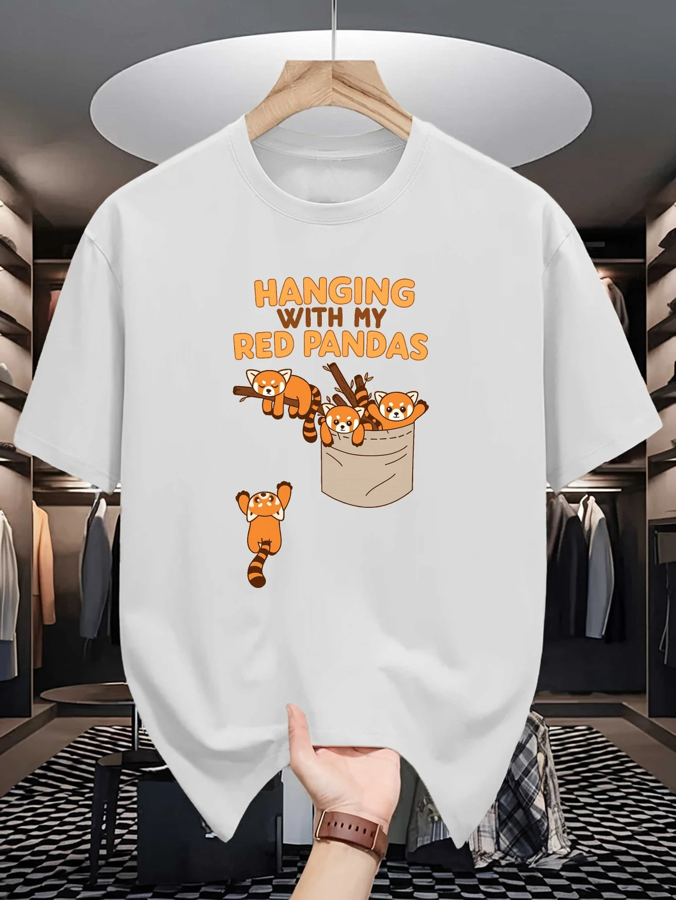 Mens Crew Neck T Shirt Hanging With My Red Pandas Pocket Cartoon Graphic Short Sleeve Casual Cotton Animal Lover Streetwear Tees