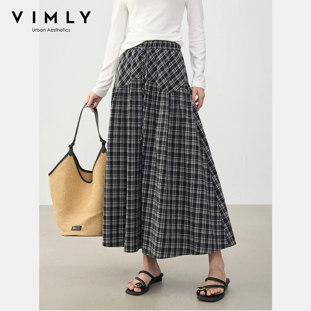 

VIMLY Plaid Midi Skirts Women's Autumn 2025 French Split Splicing Female Skirt A-line Draw String Skirts Woman Clothing A2191