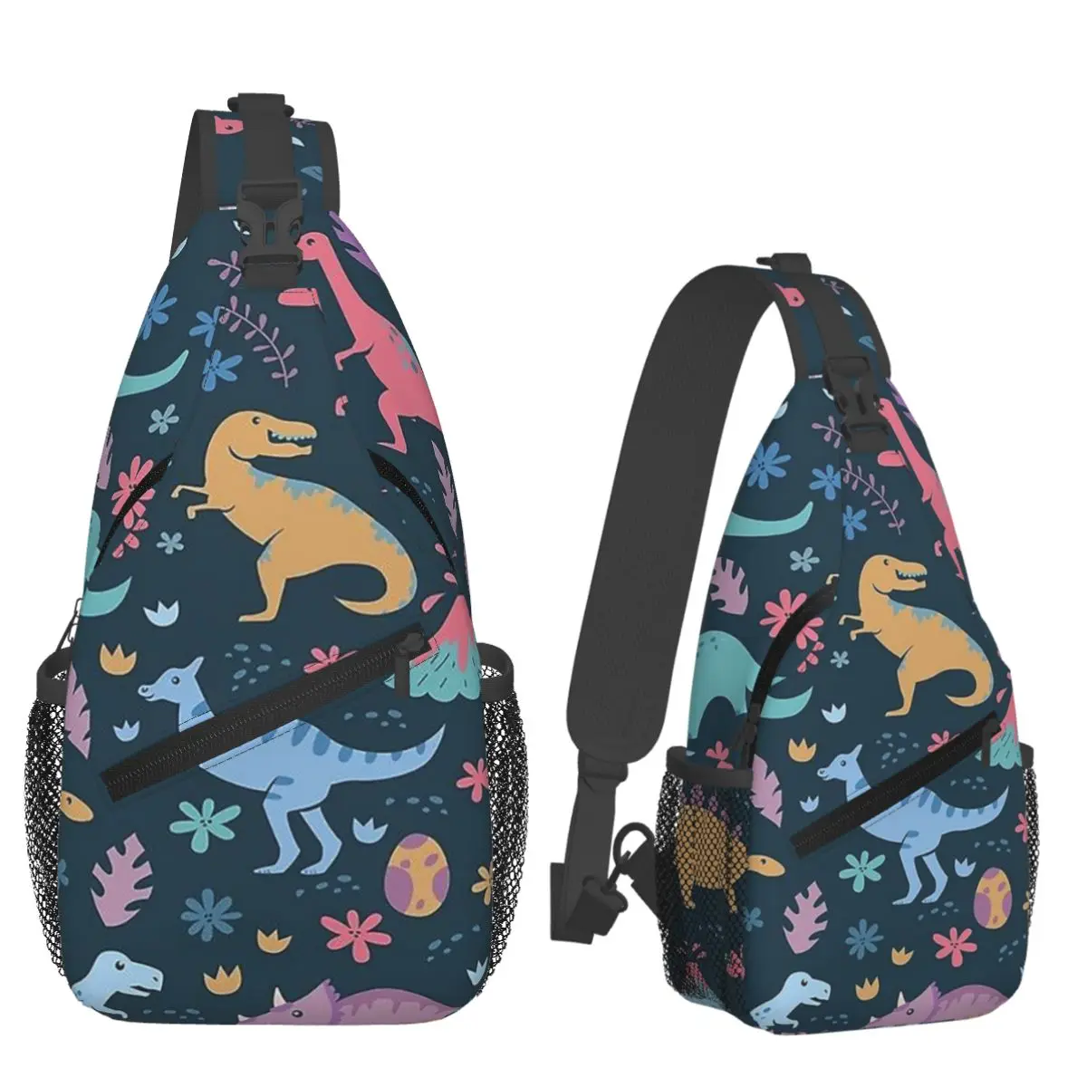 Colorful Dinosaurs Pattern Cartoon Chest Bag Men Sling Crossbody Backpack Chest Bag Traveling Hiking Daypack Shoulder Bag