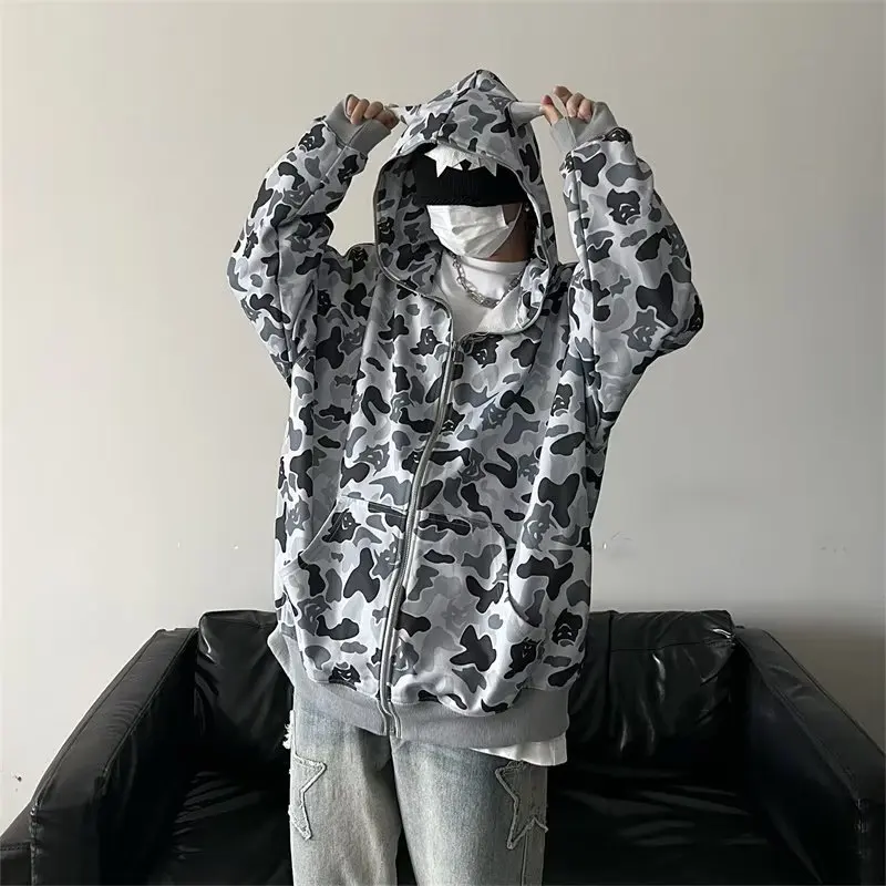 2024 Couple Ghost Print Front-Pocket Hooded Sweatshirt Men Harajuku Unisex Coats Female Loose Zip-Up Hoodies Print Sweatshirts