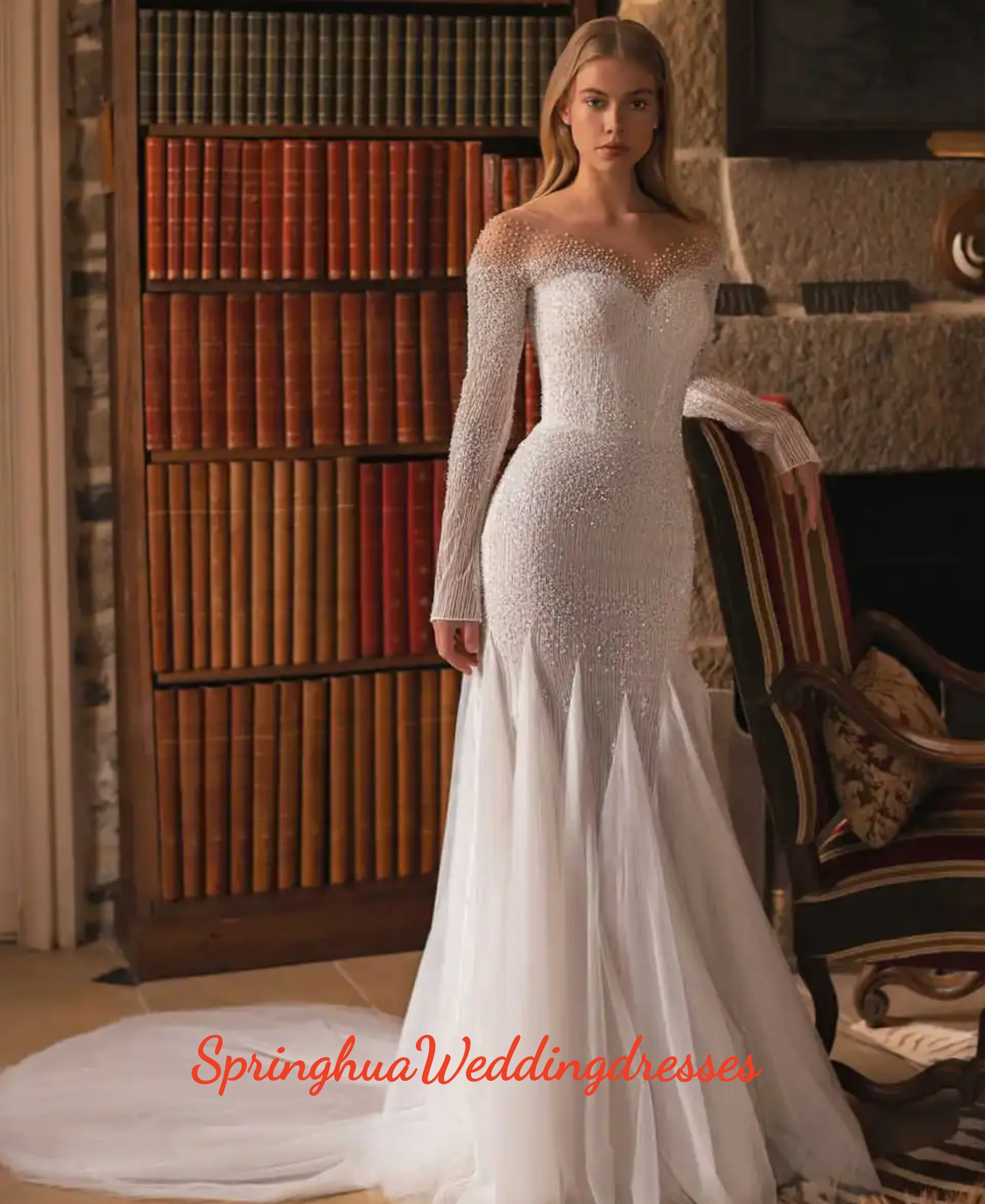 

Customized Stylish Long-Sleeve Beaded Wedding Dresses Dazzling Church Bridal Gown Fashionable Mermaid Floor-Length Bridal Dress