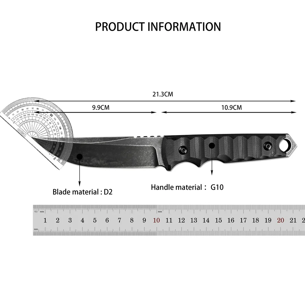 Ryu Tactical Tanto FX-634 Fixed Blade Pocket Knife D2 Black Stonewashed Blade G10 Handles with Kydex Sheath Protable Knife