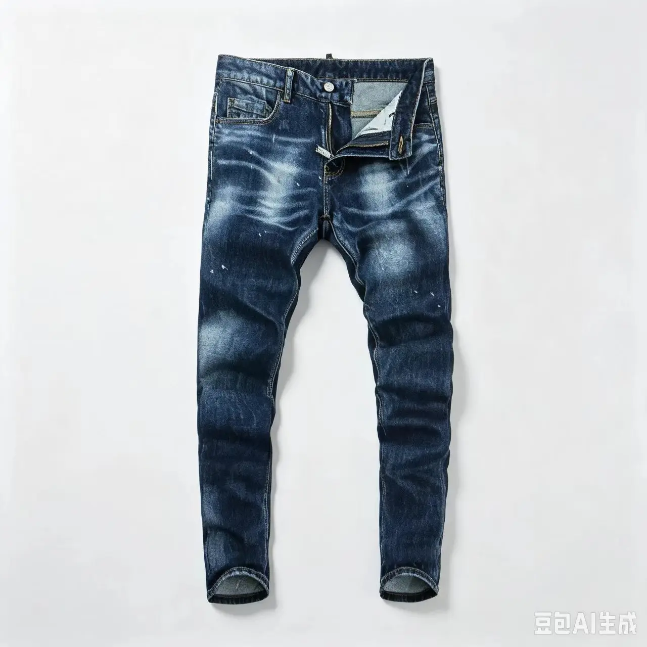 Men's Y2K Designer Fashion Blue Jeans Hip Hop Bra Perforated Painted Wrinkled Washed Nostalgic Elastic Slimming