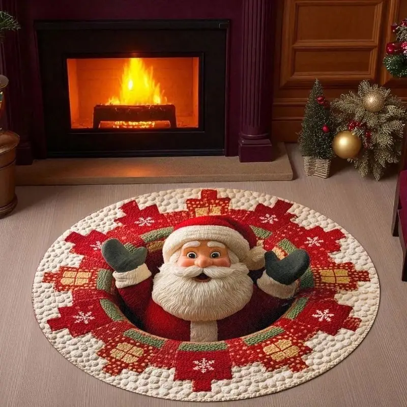 VIKAMA 3D Reindeer Round Rug Quilted Spiral Vortex Circular Carpet Non Slip Soft Floor Mat for Living Room Bedroom Christmas