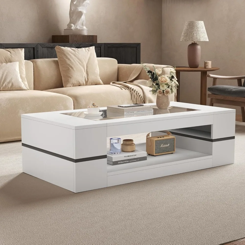 

47.2 Modern Stylish Coffee Table with Glass Table Top, Large Living Room Table Rectangular 2-Tier Center Tables with Storage
