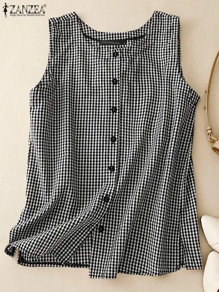 ZANZEA Summer Round Neck Pockets Vest Women Sleeveless Buttons Camis Tank Tops Korean Check Tanks Blouse Vintage Holiday Tanks