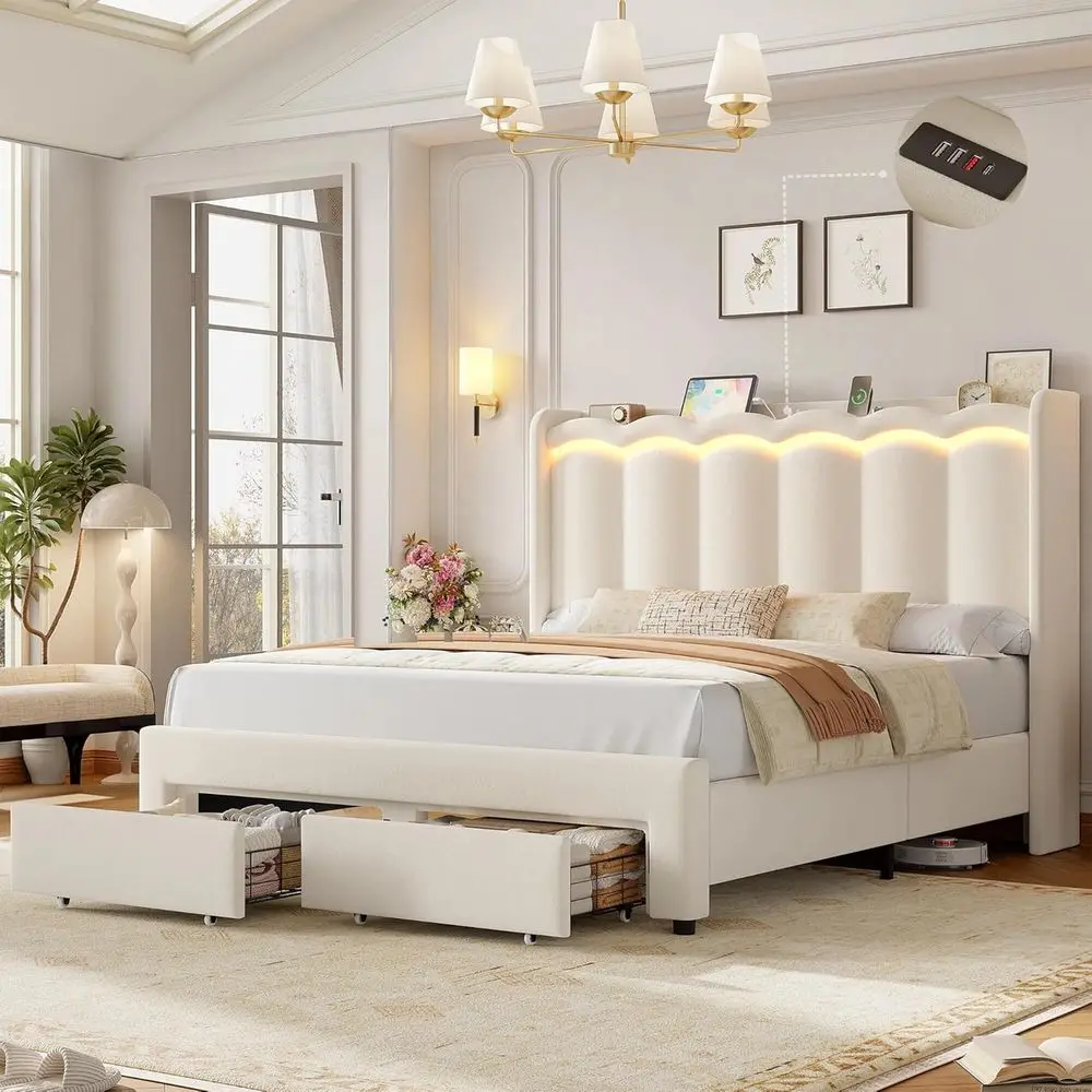 HIIT Queen LED Bed e with Charging Station and 2 Storage Ders, Beige Velvet Upholstered Bed e Queen Size, Camas Queen with Doubl