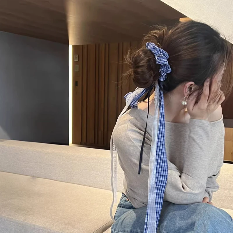 

1 Pcs Women's Hair Scrunchies Korean Plaid Ribbon Simple Versatile Ballet Style Sweet Hair Ties Retro Harajuku Hair Accessories