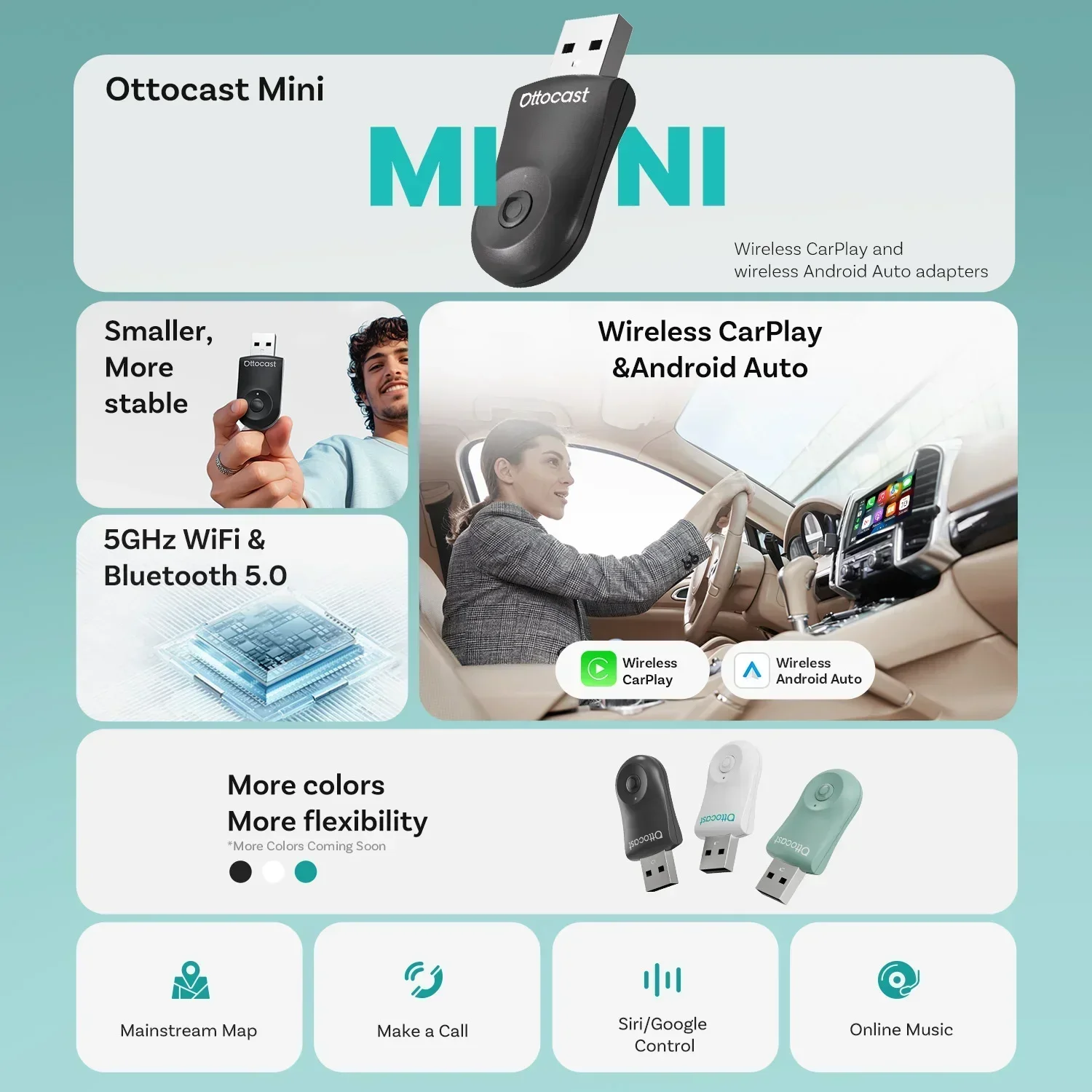 Otocast mini 2 em 1 com fio para carplay sem fio android adaptador automático usb vara wifi acessórios do carro para vw benz audi kia toyota