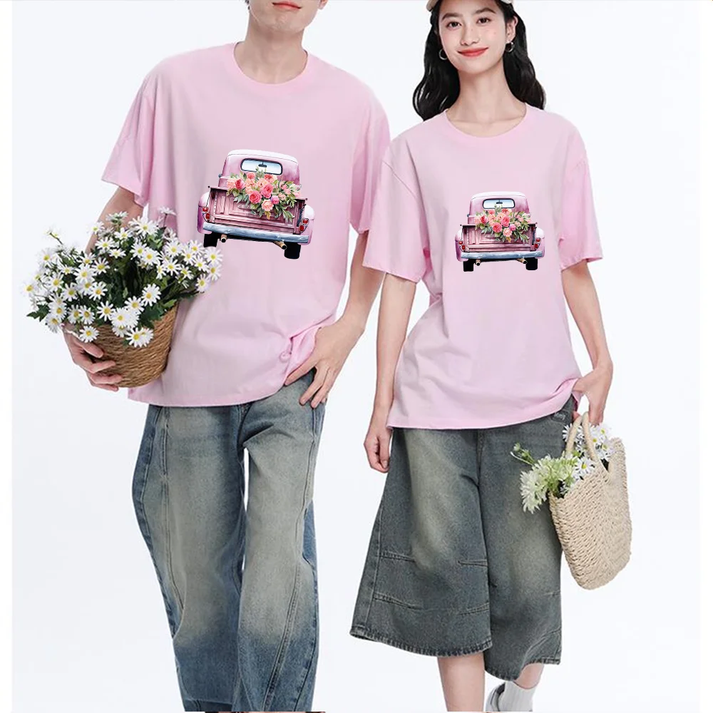 Pink Vintage Truck With Flowers Printed T Shirt Breathable Fabric S-XXL Personalized Custom T Shirt Casual Short Sleeve Tee Aest