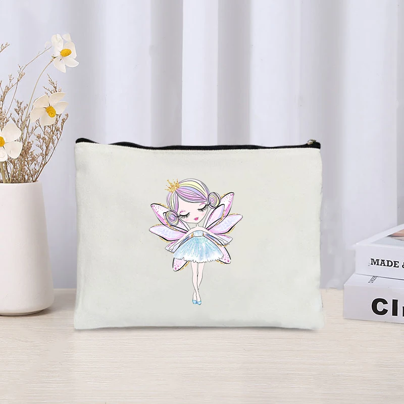 Cute Cartoon Elf Girl Printed Cosmetic Bag Casual Eco Canvas Travel Organizer Kit Ladies Party Gift Clutch Kids Pencil Case