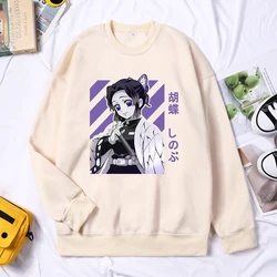 Anime Demon Slayer Kochou Shinobu Women Tops Fleece All-match Pullover Harajuku Loose Sweater Crewneck Fleece Female Clothing