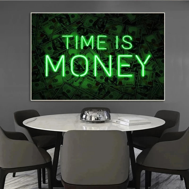 Time Is Money Cash Neon Sign Motivational Canvas Painting Posters and Prints Wall Art Pop Picture for Living Room Home Decor