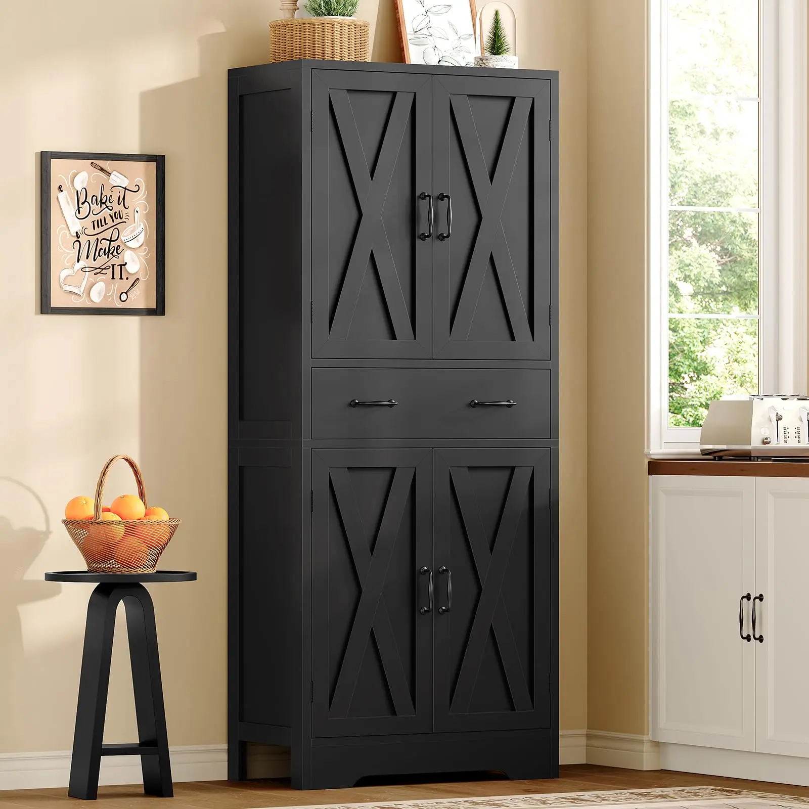 Tall Storage Cabinet with 2 Adjustable Shelves & 1 Large Drawer, Kitchen Pantry Cabinet with 4 Doors, Bathroom Storage