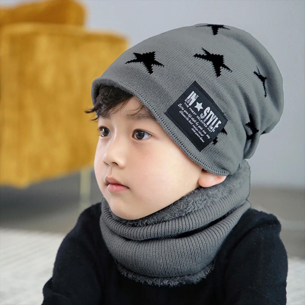 Set di sciarpe per cappelli di lana invernali per bambini Baby Boys Girls coreano spesso caldo lavorato a maglia con motivo a stella Beanie Hat Kids