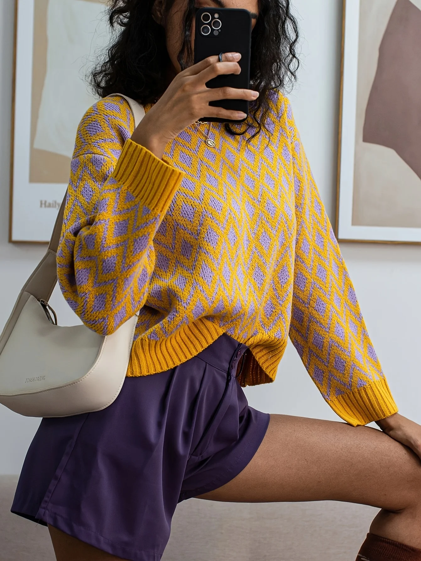 2026 New Argyle Knit Pullover Women Classic Plaid Long Sleeve Crew Neck Loose Casual Elegant Daily Knit Sweater Top