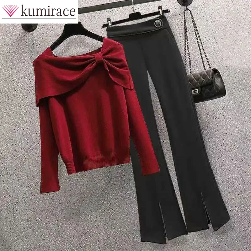 

Large Size Women's Clothing 2024 Autumn and Winter New Item Red Knitted Sweater Black Casual Pants Two-piece Set Pant Sets