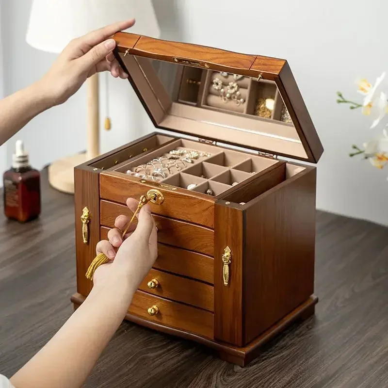 Jewelry box Solid wood large-capacity new high-end wooden multi-layer jewelry necklace storage box Exquisite retro