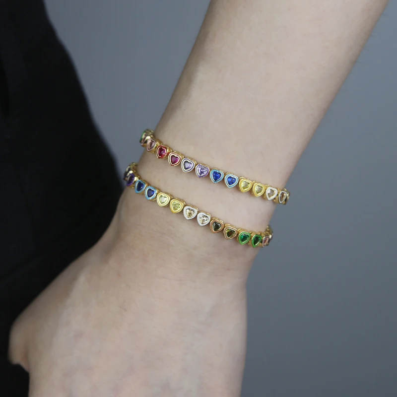 Delicate Arranged Rainbow Cz Color Border Heart Shape Bracelet Iced Out Blazing Crystal 17/19cm Bangle Jewelry Gift Women Girl